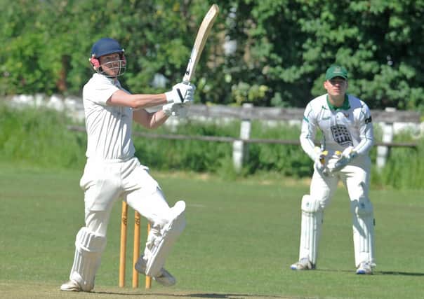 George Myers on his toes on the way to 187, a knock that included 21 fours and 13 sixes for Rawdon at Aire-Wharfe Division 1 rivals Horsforth. Picture: Steve Riding.