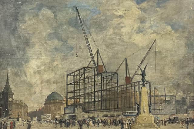 The unsigned paining of the construction of the Queens Hotel.