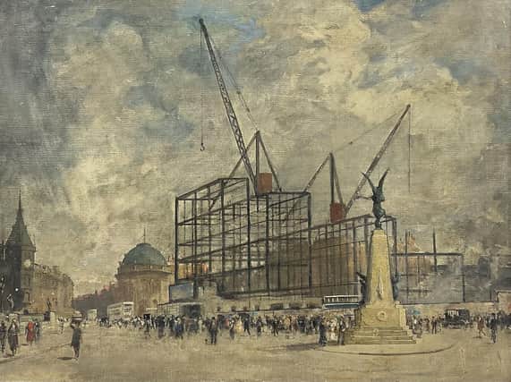 The unsigned paining of the construction of the Queens Hotel.