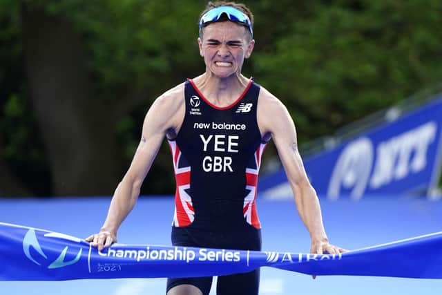 Great Britain's Alex Yee celebrates winning The AJ Bell 2021 World Triathlon Championship Series Mens Race (Picture: PA)