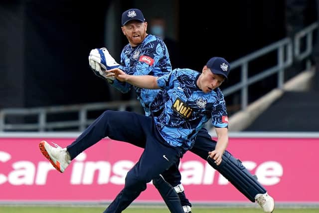 Yorkshire Vikings Jonny Bairstow (left) collides with team-mate Matthew Waite after catching out Birmingham Bears' Tim Bresnan during the Vitality T20 match at Headingley, Leeds. (Picture:PA)