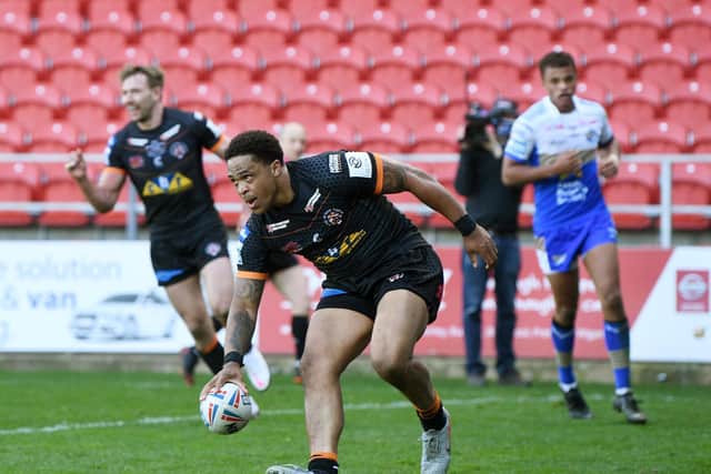 Jordan Turner, seen scoring against Leeds Rhinos in April, could return for Tigers after missing last week's loss to Hull. Picture by Jonathan Gawthorpe.
