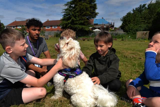 Pupils with Rufus the school dog.