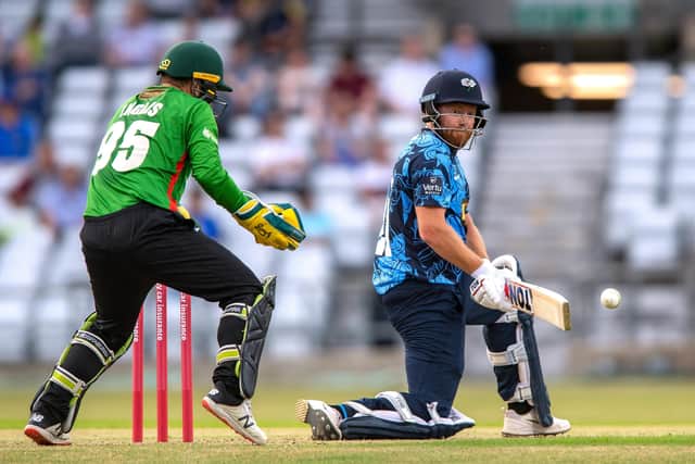 Nice shot: Vikings' Jonny Bairstow reverse sweeps a four in his innings of 82 against Leicester. Picture Bruce Rollinson