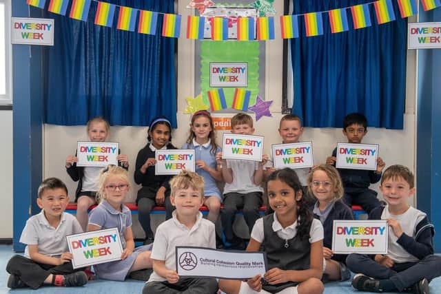 Children at Morley Victoria Primary School. The school is working towards its Cutural Cohesion Quality Mark which fully supports and rewards organisations that promote a collaborative approach to Corporate Social Responsibility.
