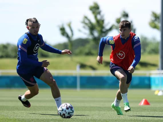 Kalvin Phillips and Mason Mount in action during England training. Pic: Getty