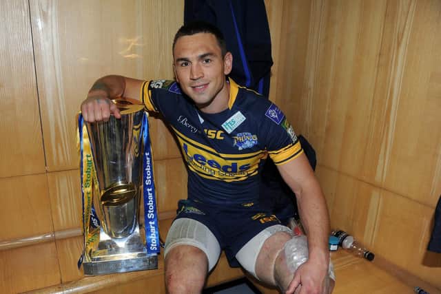 Kevin Sinfield with the Grand Final trophy at Old Trafford in 2012. Picture by Steve Riding.