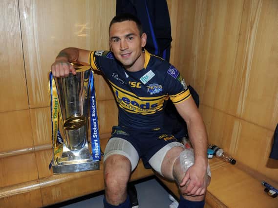 Kevin Sinfield with the Grand Final trophy at Old Trafford in 2012. Picture by Steve Riding.