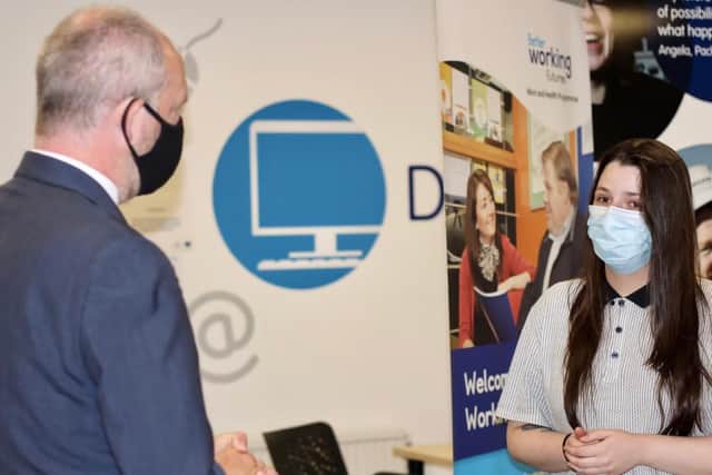 Minister for Disabled People Justin Tomlinson with Kirsty Bird. Pic by DWP
