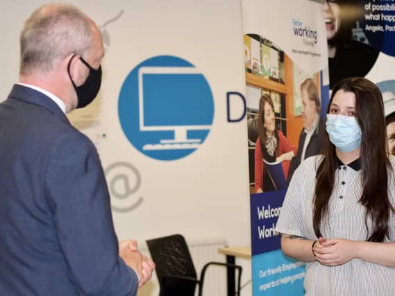 Minister for Disabled People Justin Tomlinson with Kirsty Bird. Pic by DWP