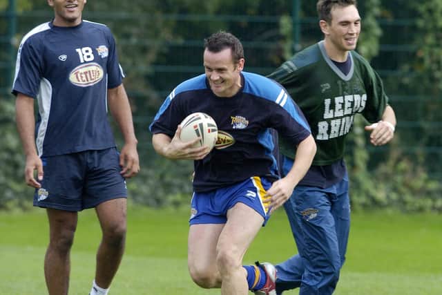 Francis Cummins, centre and Kevin Sinfield, right, in training with Rhinos during 2005. The other player is Mark Calderwood. Picture by Bruce Rollinson.