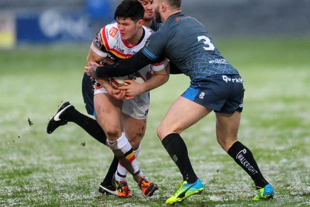 A young James Bentley left, in action for Bradford Bulls against Rochdale in 2017. Picture by Simon Hulme.