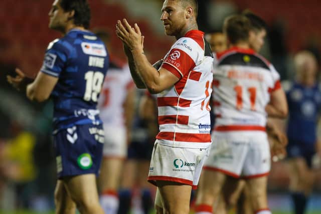 Jamie Ellis applauds the crowd after Leigh Centurions' loss to Wigan Warriors last month. (Ed Sykes/SWpix.com)