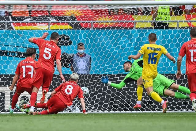 Leeds United's Gjanni Alioski scores for North Macedonia against Ukraine at the Euros. Pic: Getty