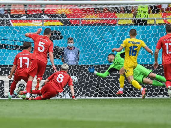 Leeds United's Gjanni Alioski scores for North Macedonia against Ukraine at the Euros. Pic: Getty