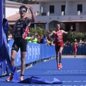 TOP DOG: Jonny Brownlee celebrates as he crosses the finish line at the World Triathlon Cup in Arzachena Emanuele Perrone/Getty Images)