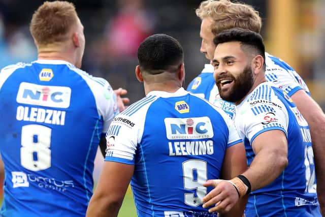COVID DELAY: Leeds players celebrate during their emphatic win over Castleford - the last time the Rhinos were in action. Picture: Getty Images.