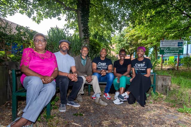 Pictured (left to right) Gloria Hanley, Chairperson, for the Mary Seacole Nurses Association, with Dean Matheson, Director of the Calm & Centred Coping with Bereavement Project, Paul Aubre, Volunteer Gardener Manager, Hugh Davis, from Calm & Centred Coping with Bereavement Project (Magic Hands Therapies), Audrey Hylton, Director of the Calm & Centred Coping with Bereavement Project, and Barbara Matheson, CEO, of the Calm & Centred Coping with Bereavement Project.