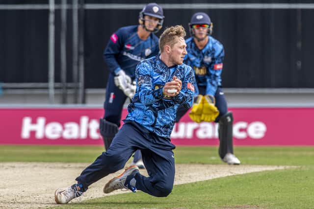 Yorkshire's Dom Bess brilliantly catches Leus Du Plooy from his own bowling.  Picture Tony Johnson