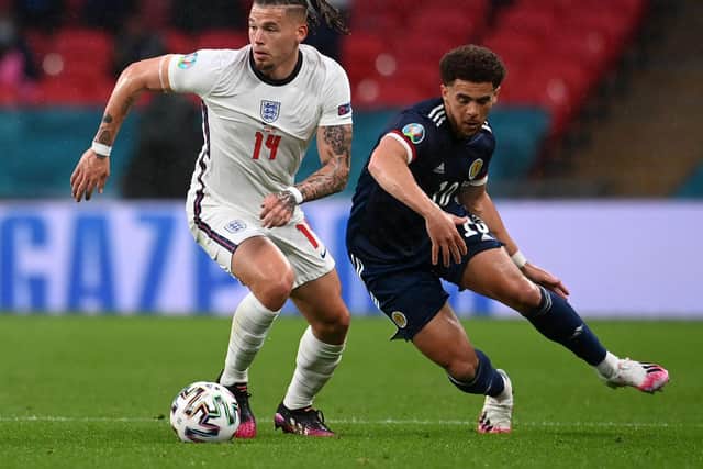 HOT TOPIC: Leeds United's England international midfielder Kalvin Phillips, left, for whom Tottenham Hotspur are reportedly eyeing up a bid for this summer. Photo by Andy Rain - Pool/Getty Images.
