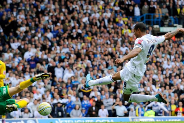 GOING UP: Jermaine Beckford fires home the winning goal against Bristol Rovers to fire Leeds United to promotion back in May 2010. Photo by Michael Regan/Getty Images.