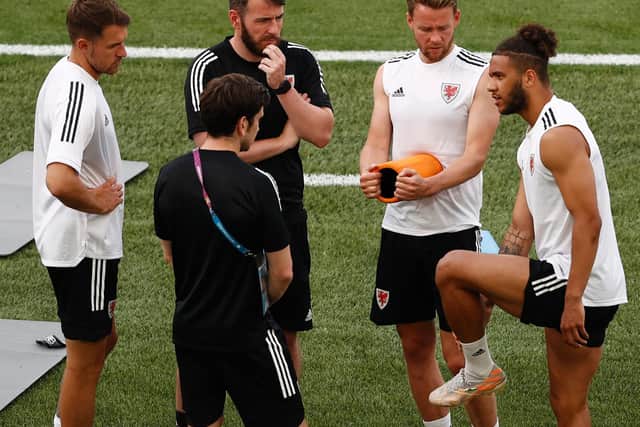 STILL WAITING: Leeds United's Tyler Roberts, right, pictured during a Wales training session ahead of Monday's Group A finale against Rome in Italy. Photo by Ryan Pierse/Getty Images.