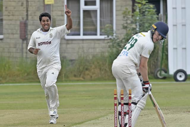 Woodlands' Muhammad Bilal bowls Adam Waite, of New Farnley, for 12. He took three wickets in the win. Picture: Steve Riding.