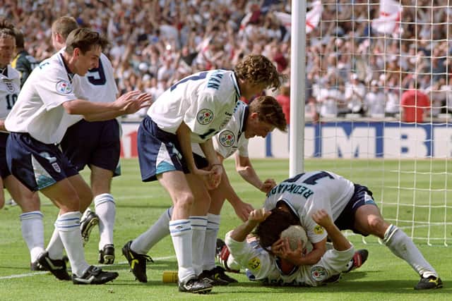 GOLDEN DAYS: Paul Gascoigne celebrates scoring against Scotland at Wembley during their Group clash at Euro 96. Picture: Neil Munns/PA Wire.