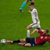 EVER PRESENT: Leeds United midfielder Kalvin Phillips looks to get away from Czech Republic's Tomas Soucek in Wednesday night's clash at Wembley. Photo by MATT DUNHAM/POOL/AFP via Getty Images.