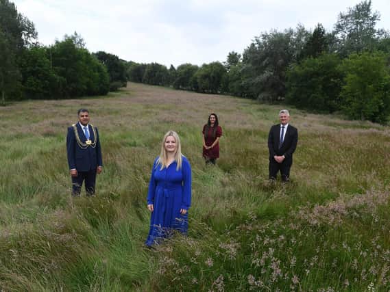 The former South Leeds Golf course. Pictured from left: Lord Mayor Coun Asghar Khan, Esther Wakeman CEO of Leeds Hospitals Charity, Coun Salma Arif and Leader of Leeds City Council, Coun James Lewis.