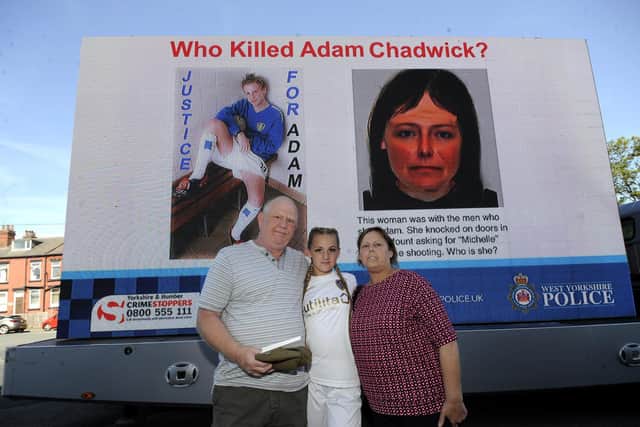 The family of Adam Chadwick, pictured in 2018, as they made a fresh appeal to find his killer. Adam's daughter Ruby is pictured with grandparents Martin and Jackie Chadwick.