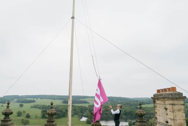 Flying the flag for well-being outside. The installations are put up at Harewood House.
