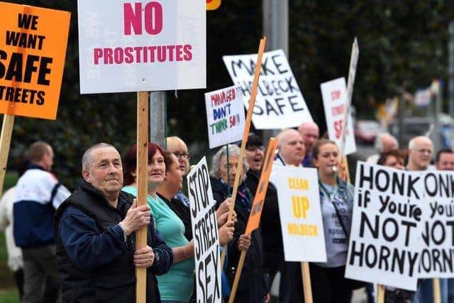 A protest held in Holbeck in 2018 in opposition to the Managed Approach to on-street sex work. Picture: Jonathan Gawthorpe