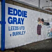 Andy McVeigh with his Leeds United mural of Eddie Gray's iconic goal against Burnley