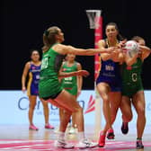AIMING HIGH: Leeds Rhinos' Fi Toner, right, battles with Celtic Dragons' Christina Shaw, left, and Annika Lee-Jones during a Vitality Netball Superleague clash earlier this season. Picture: Jan Kruger/Getty Images for Vitality Netball Superleague