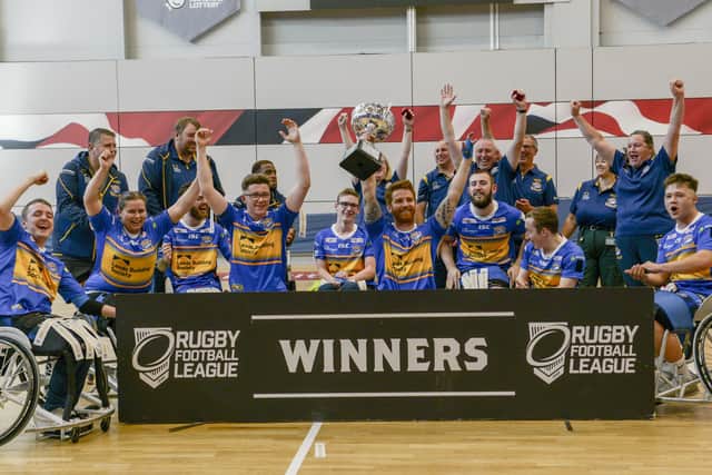 Leeds Rhinos wheelchair rugby league team lift the Challenge Cup after defeating The Argonauts (Picture: Dean Atkins/SWPix.com)