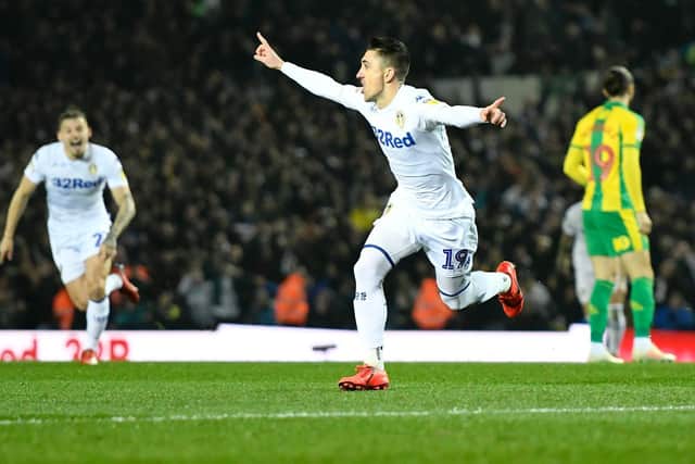 Pablo Hernandez celebrates his goal after just 18 seconds against West Bromwich Albion at Elland Road in March 2019. PIC: Getty