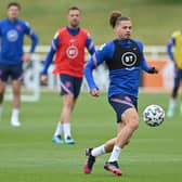 POPULAR: Leeds United midfielder Kalvin Phillips during an England training session at St George's Park on Friday. Photo by JUSTIN TALLIS/AFP via Getty Images.