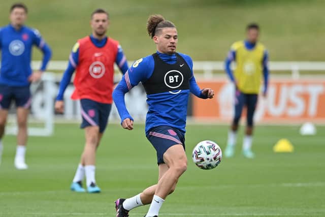 POPULAR: Leeds United midfielder Kalvin Phillips during an England training session at St George's Park on Friday. Photo by JUSTIN TALLIS/AFP via Getty Images.