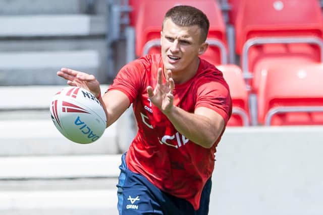 INJURY BLOW: Ash Handley was forced off with a head knock during his England debut. Picture: Allan McKenzie\SWpix.com.