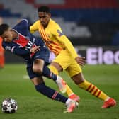 BIG TIME - Leeds United player of interest Junior Firpo in Champions League action for Barcelona against Paris Saint-Germain's Kylian Mbappe. Pic: Getty