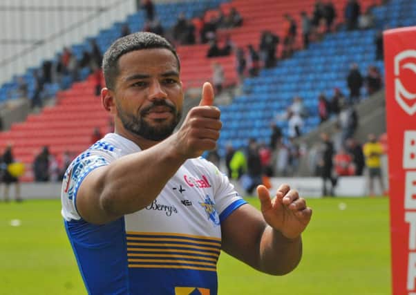 Leeds Rhinos' Kruise Leeming gives the fans the thumb's up after backing up 48 hours after featuring for the Combined Nations All Stars against England. Picture: Steve Riding.