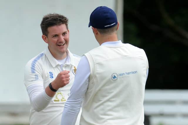 Calverley bowler and captain Tim Simpson celebrates a wicket in his side's victory against Calverley St Wilfrids.