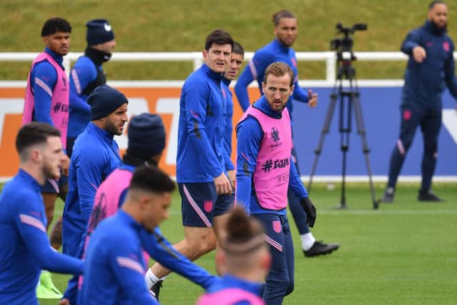 WAITING GAME: Harry Kane and Harry Maguire take part in England's training session on Monday at St George's Park, Burton. Picture: Justin Tallis/Getty Images