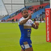 Kruise Leeming gives Rhinos' fans a thumb's up after the win at Salford. Picture by Steve Riding.