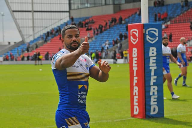 Kruise Leeming gives Rhinos' fans a thumb's up after the win at Salford. Picture by Steve Riding.