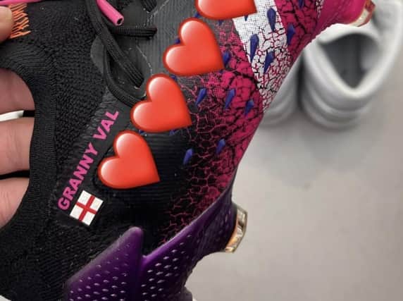 Leeds United's Kalvin Phillips wore special boots in tribute to his late Granny Val whilst in action for England. Pic: Kalvin Phillips Instagram