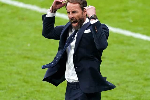 England manager Gareth Southgate celebrates victory after the final whistle during the UEFA Euro 2020 round of 16 match at Wembley Stadium, London. Picture date: Tuesday June 29, 2021 (photo: PA).