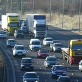 wo lanes have been closed due to a defect in the bridge joint on the M62 eastbound at J30 to J31. Stock image of M62.