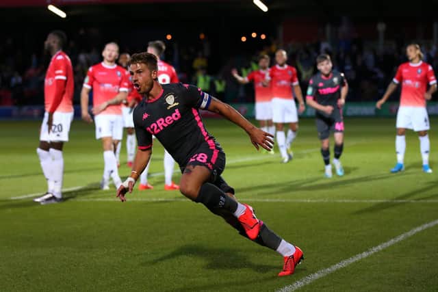 Gaetano Berardi celebrates scoring against Salford City for Leeds United. Pic: Getty
